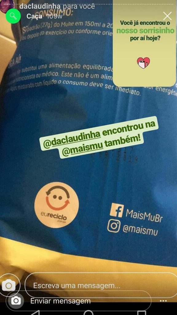 Print de um stories da +Mu com o selo eureciclo.